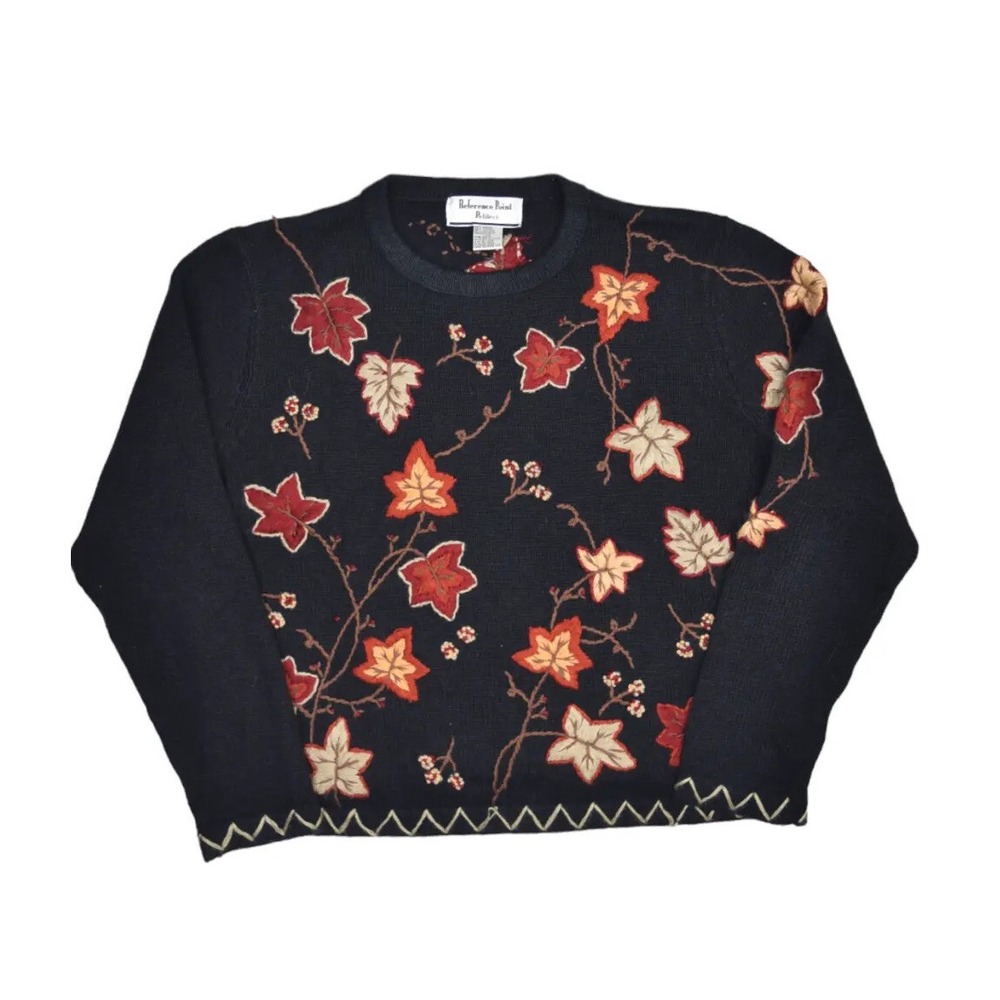 Reference Point Sweater Womens M Petites Black Fall Autumn Leaves Crewneck Ramie